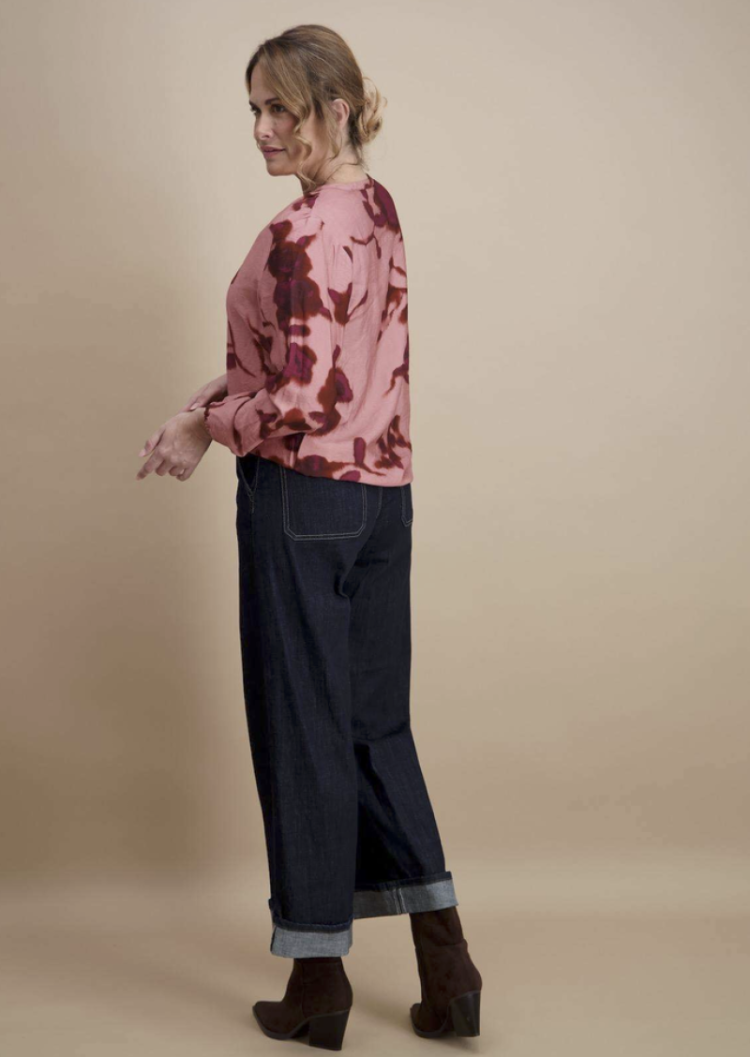 Blouse lm V zalm met bordeaux bloemen  4 vieux rose/bo
