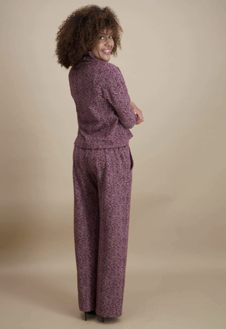 Sweater opstaande rolkraag met visgraatmotief bordeaux ecru  14 bordeau/gris