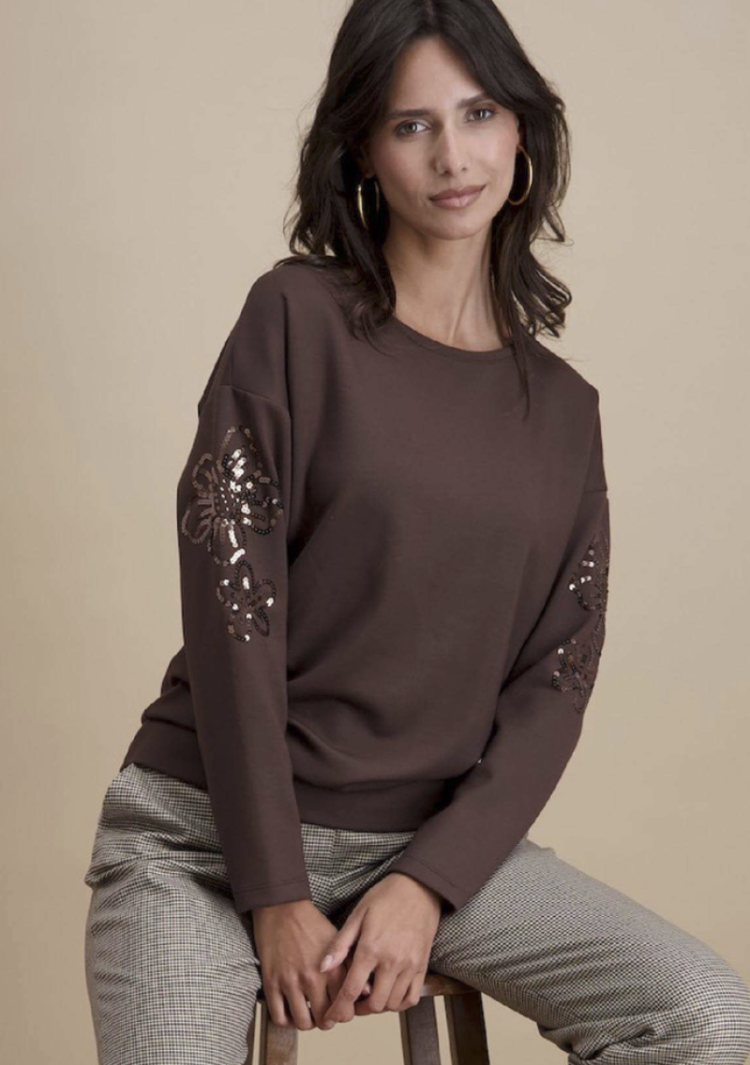 Sweater met pailletten op mouwen 03 brun
