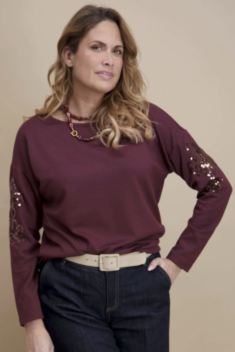 Sweater met pailletten op mouwen 09 aubergine