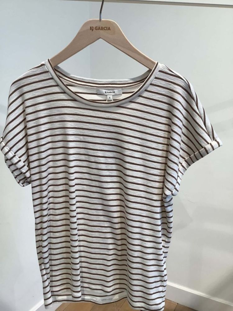 T-shirt NOS gestreept ronde hals 4121-mud stone