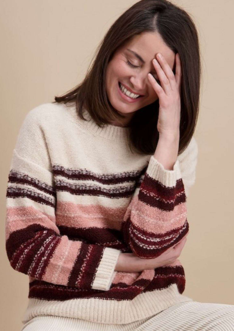 Pull gestreept roze,beige,bordeaux 14 Ecru/aubergi