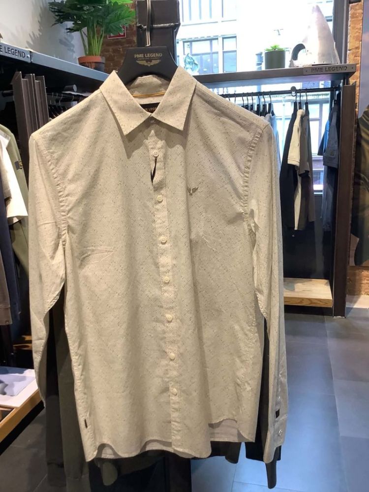 Hemd lm ecru met taupe fijn printje 7001 Egret
