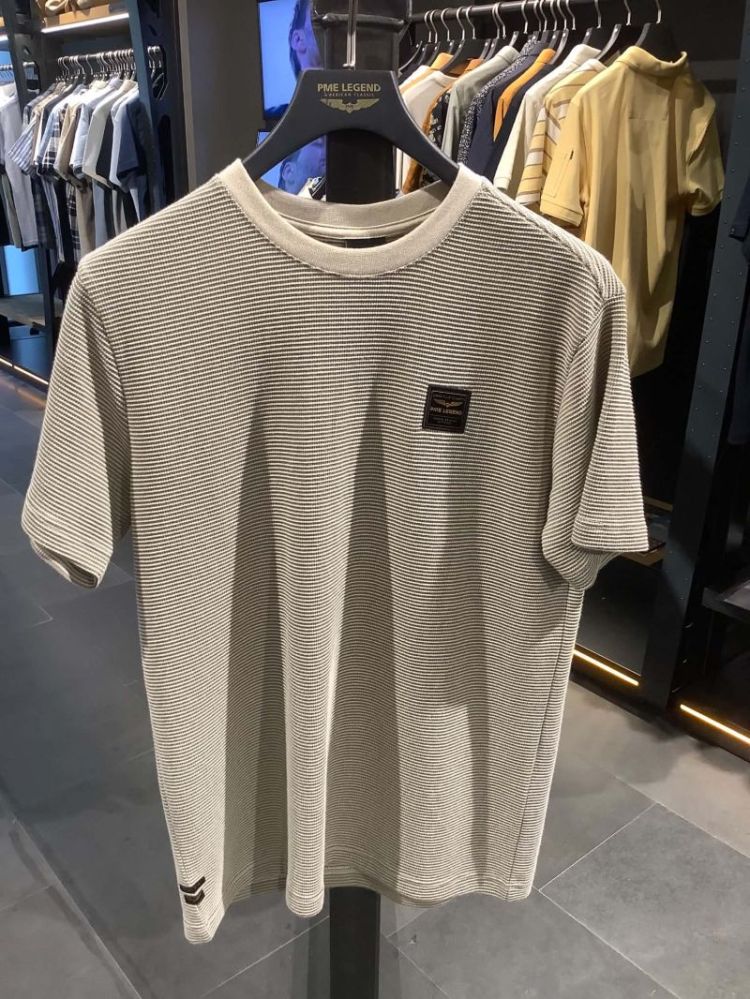 T-shirt knitted superfijne streep ecru taupe 7013 Bone White