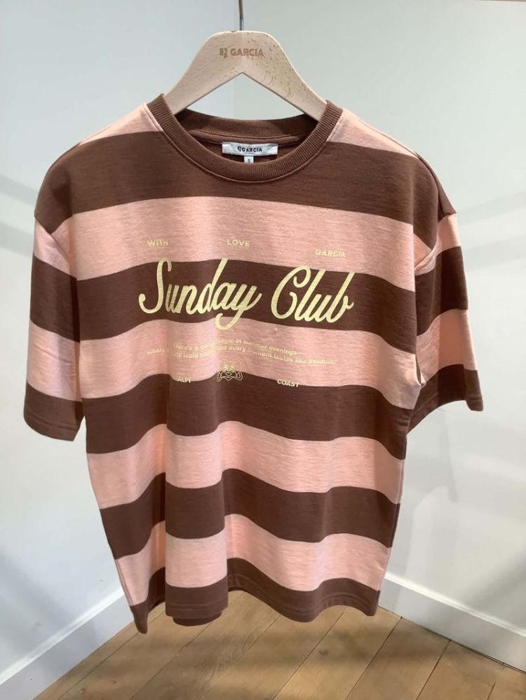 Sweater km gestreept bruin roze Sunday Club 4121-mud stone