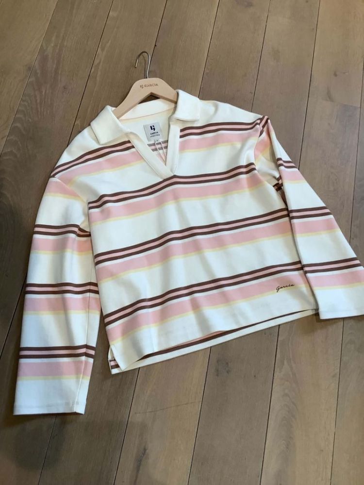 Polosweater lm strepen bruin roze geel ecru 4121-mud stone