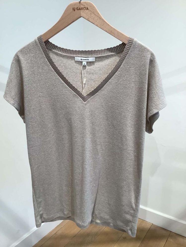 T-shirt effen v glitter km 2542-sand melee