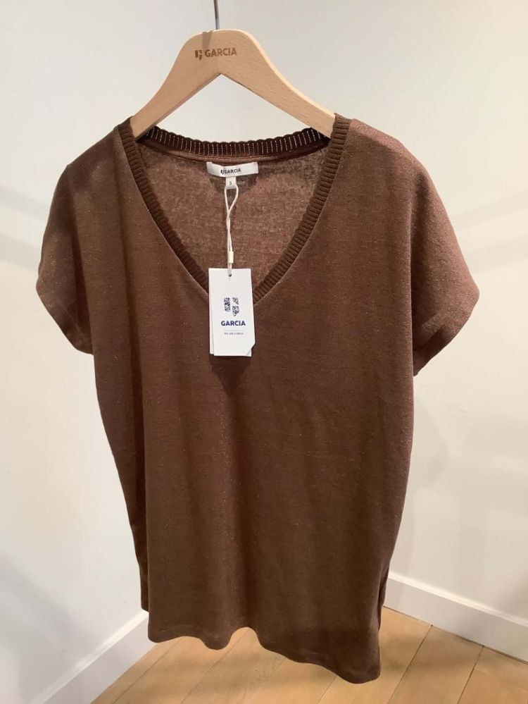 T-shirt effen v glitter km 4121-mud stone