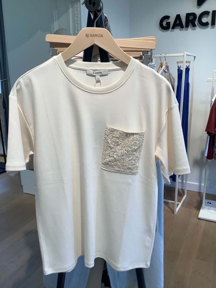 T-shirt km met gehaakt borstzakje 1448-ecru