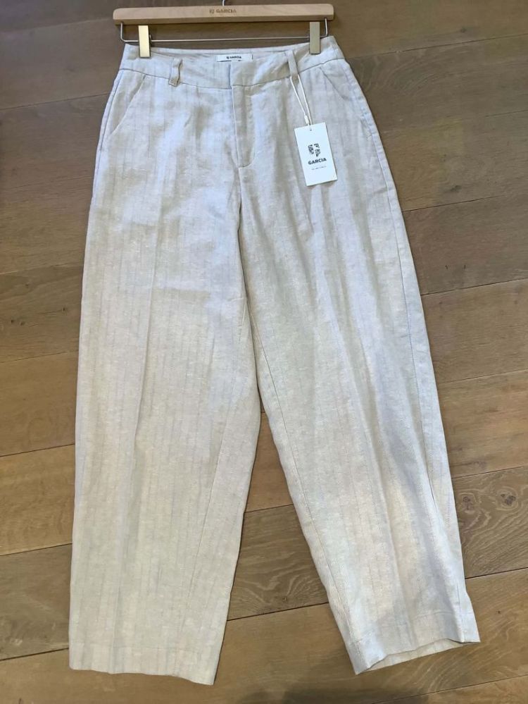 Barrelbroek linnenlook gestreept beige lichtblauw 2195-beach sand