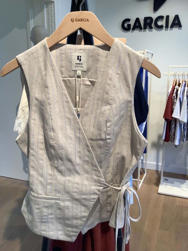 Topje overslag gestreept linnenlook beige lichtblauw 2195-beach sand