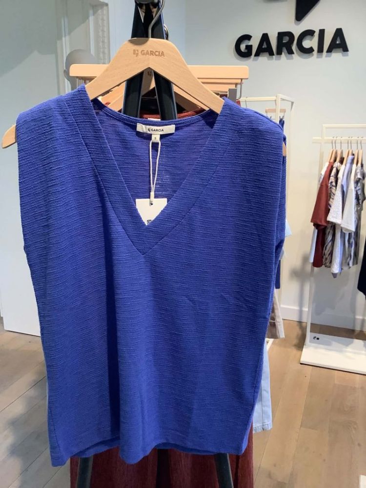 Topje v structuurstofje stretch effen 6605-cobalt sky